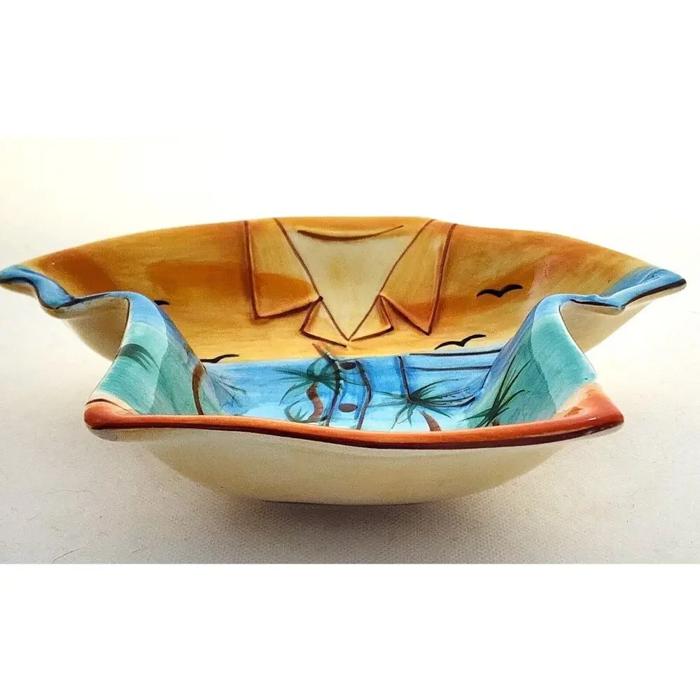 Clay Art Hawaiian Shirt Serving Dish Tropical Palm Tree Ceramic 8.5